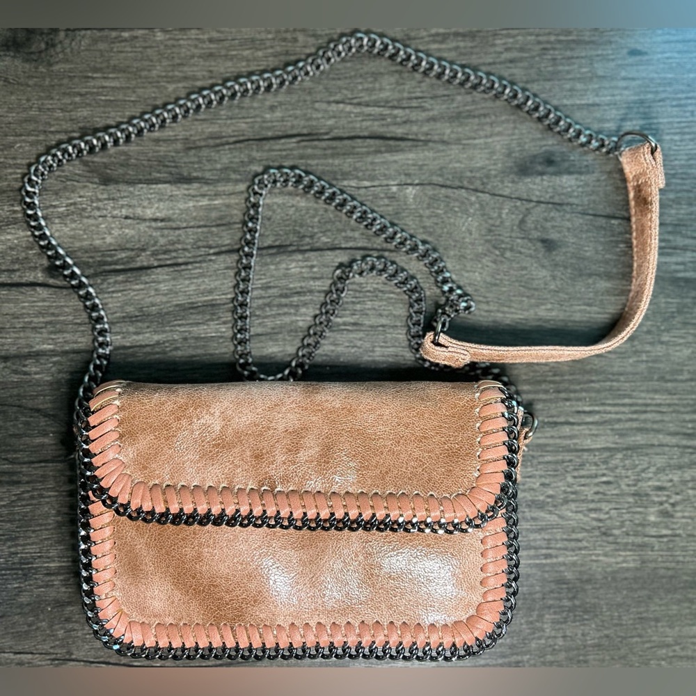 NWOT Chicos Brown Polyurethane Purse W Black Tassel Rimmed Crossbody Purse